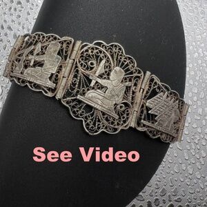 Vintage Silver Filigree Panel Bracelet with Egyptian Motifs